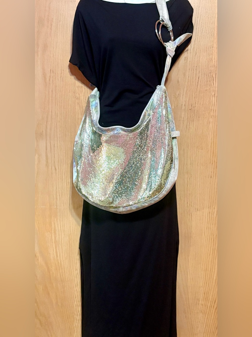 Very Rare HTF Y2K Whiting & Davis Large Iridescent Mesh & Genuine Leather Bag